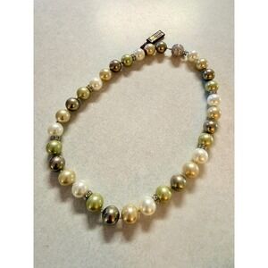 Masami Pearl Strand Necklace Green Grey White Cream Rhinestones 20"